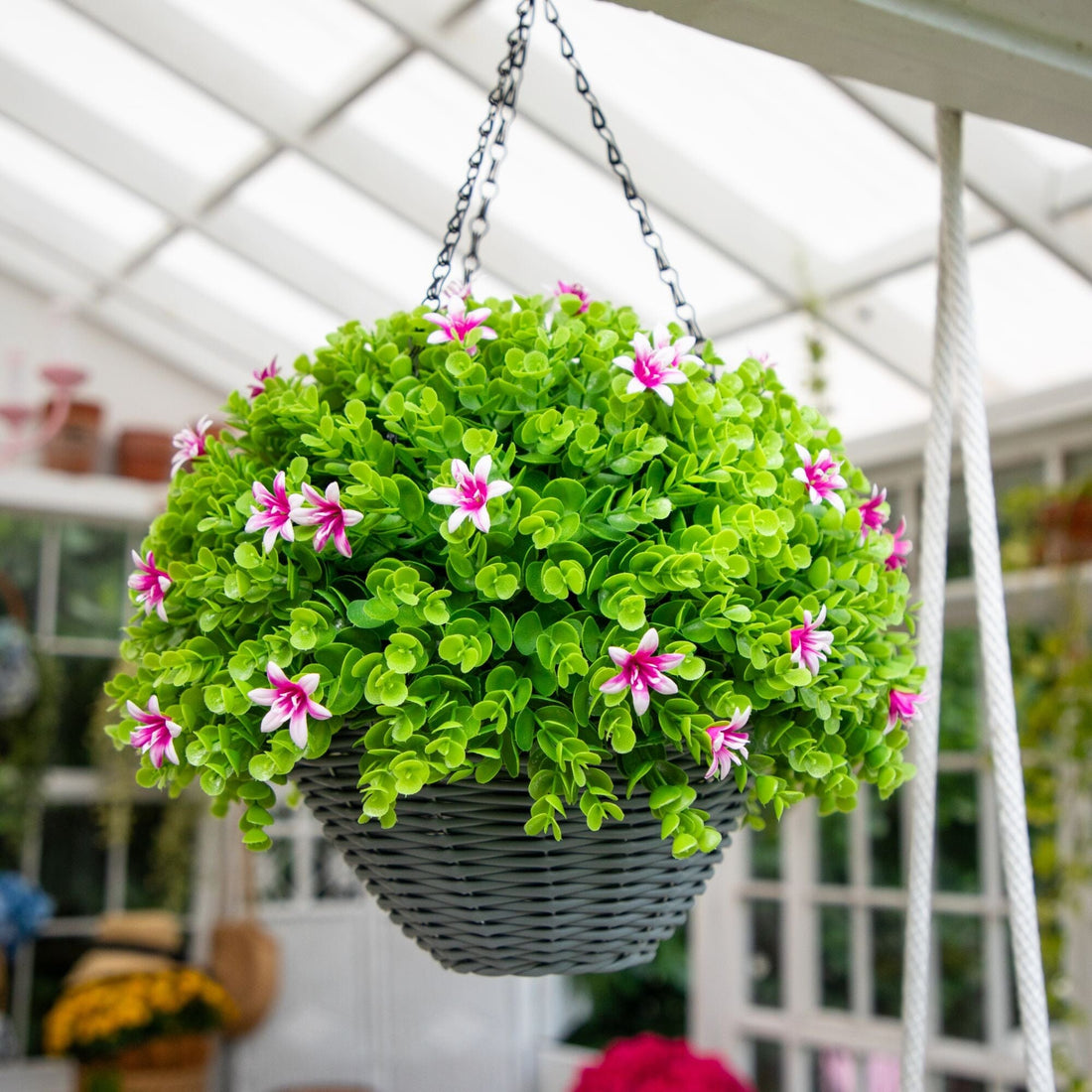 hanging flowering plants indoor 21” UV Resistant Artificial Lily and Eucalyptus Hanging Basket (Indoor – Nearly Natural