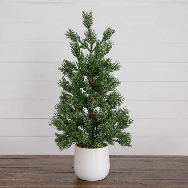22” Artificial Frosted Christmas Tree in White Ceramic Planter
