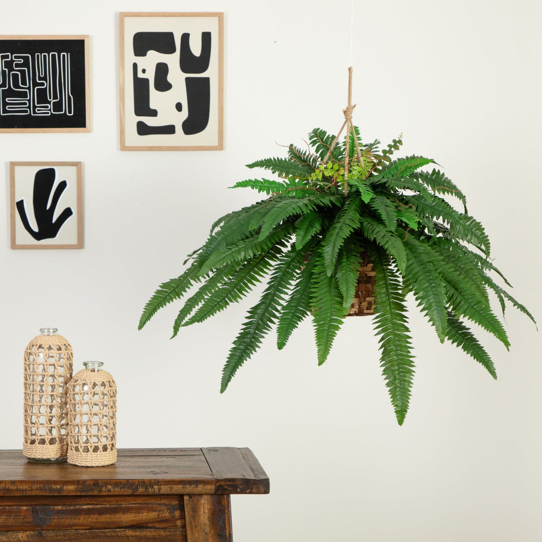 Nearly Natural Boston Fern Hanging Basket, Green