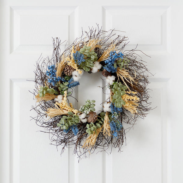 22” Autumn Cotton, Eucalyptus, Berries and Pinecones Artificial Fall Wreath
