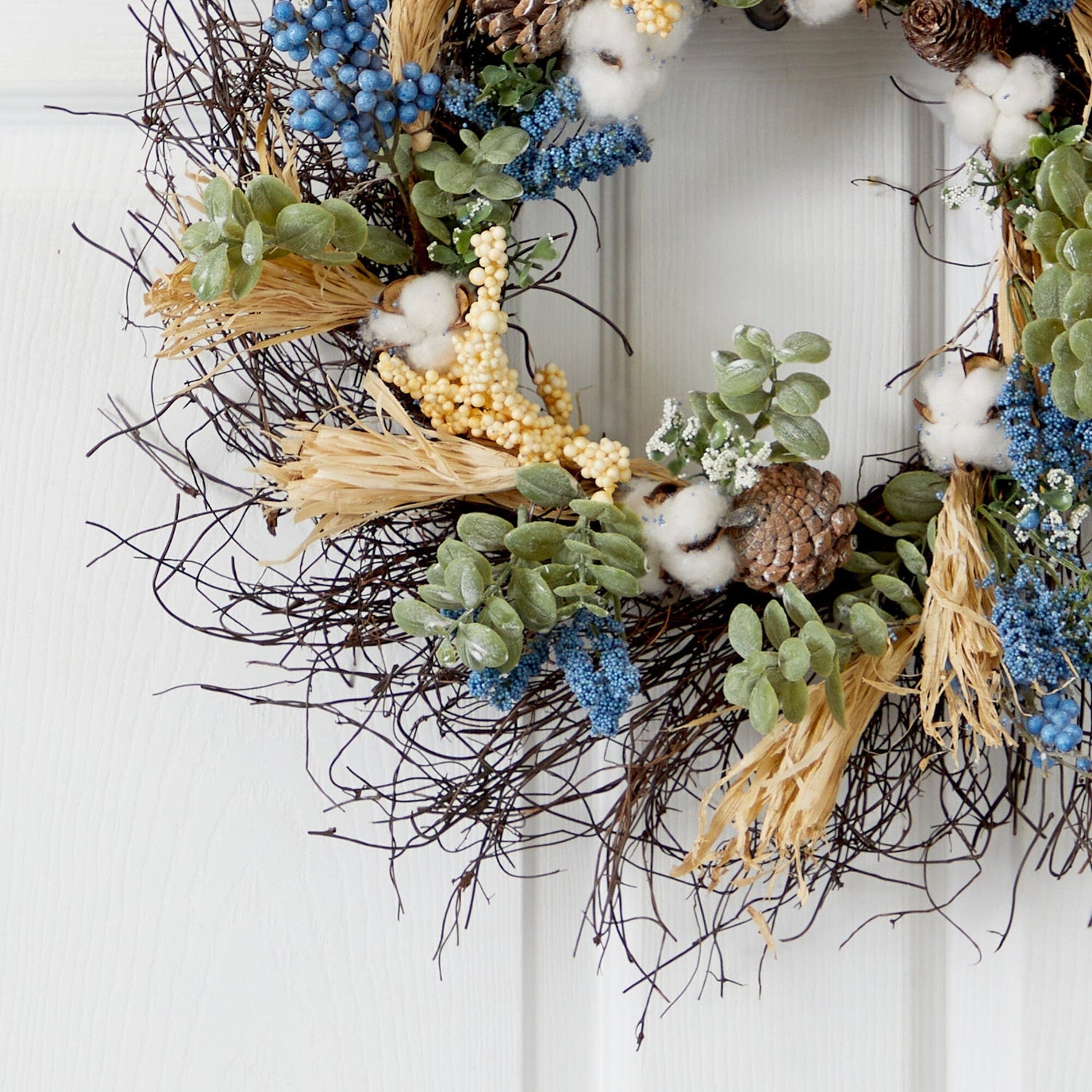 22” Autumn Cotton, Eucalyptus, Berries and Pinecones Artificial Fall Wreath