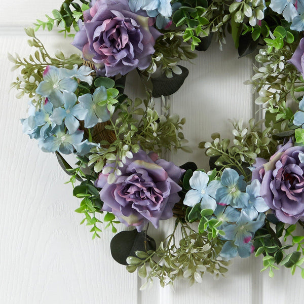 22” Blue Hydrangea and Purple Rose Artificial Wreath
