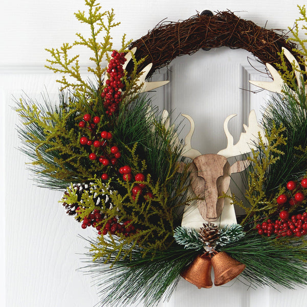 22” Holiday Christmas Woodland Deer, Pine Cones and Berries Wreath