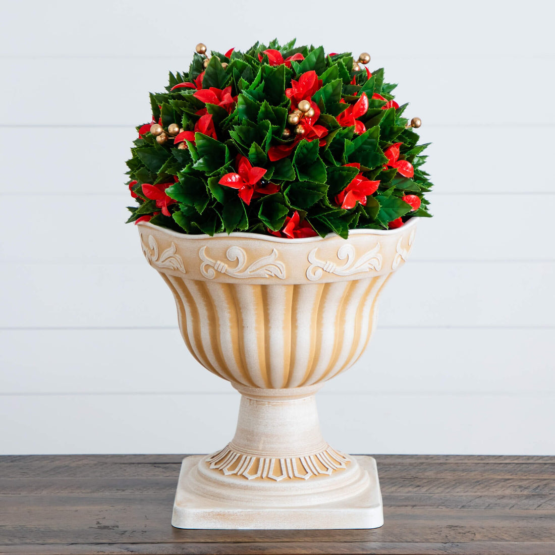 Nearly Natural 22in. UV Resistant Artificial Red Tip Photinia Christmas Ball in Classic Decorative Planter (Indoor/Outdoor), image size:1100x1100