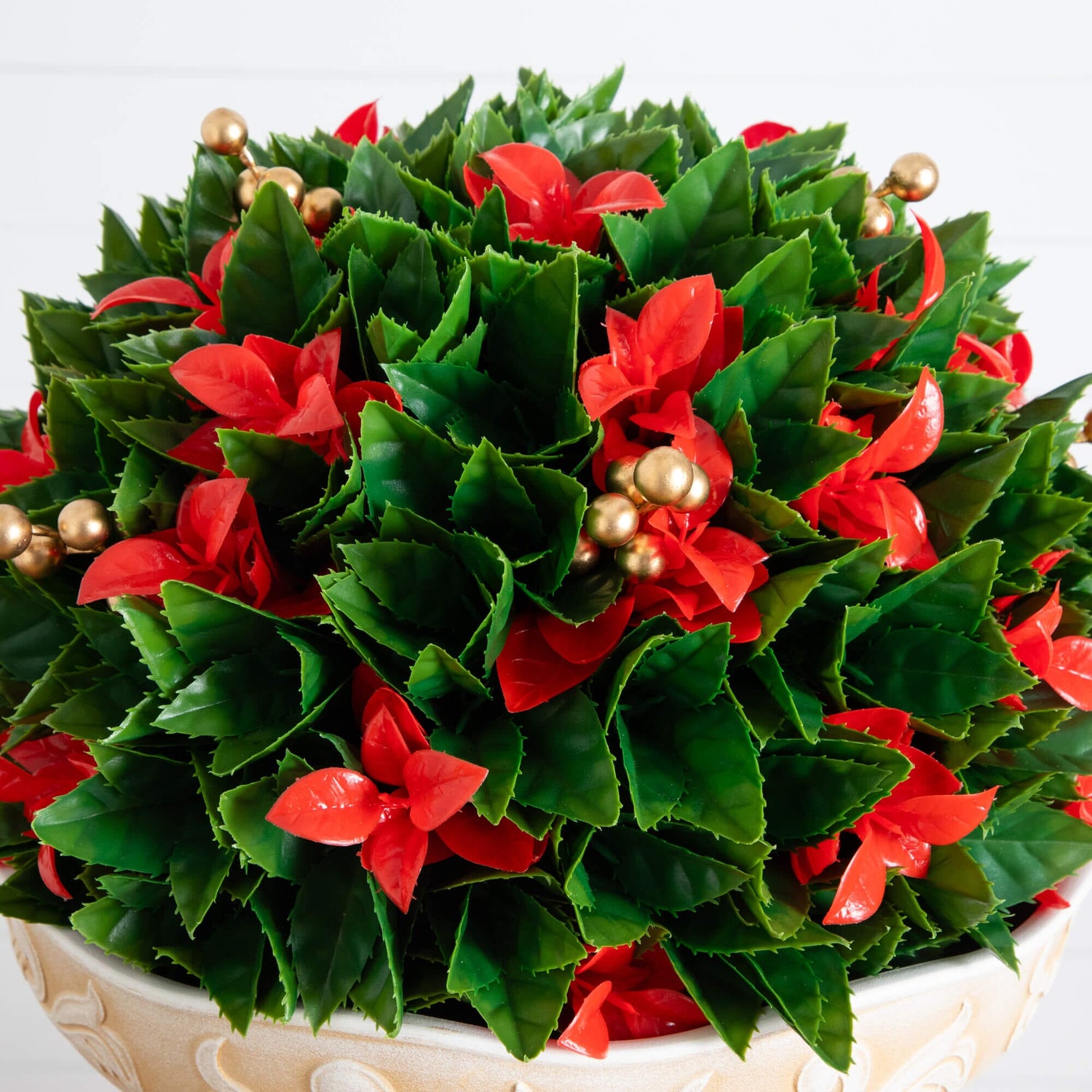 22" UV Resistant Artificial Red Tip Photinia Christmas Ball in Classic Decorative Planter (Indoor/Outdoor)