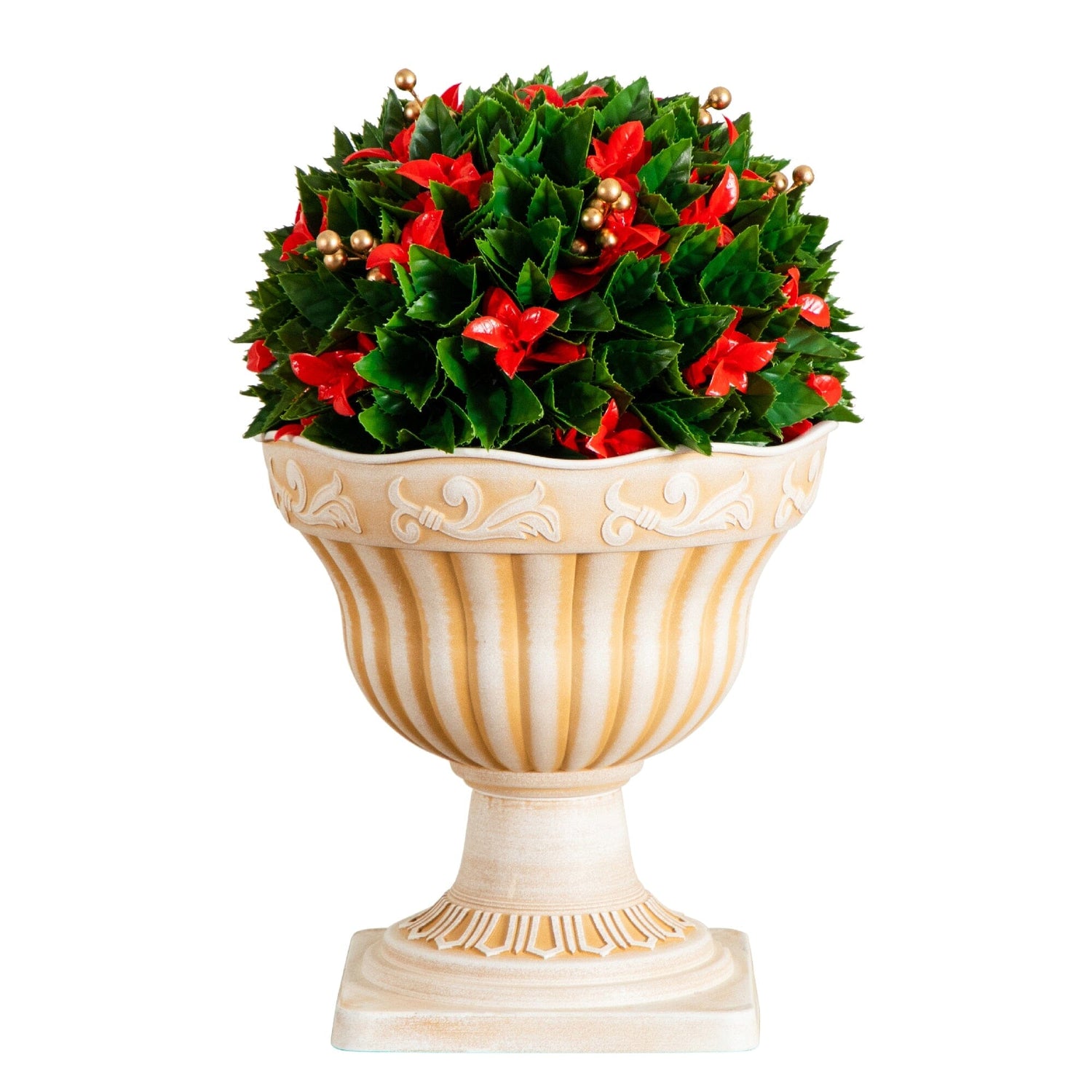 22" UV Resistant Artificial Red Tip Photinia Christmas Ball in Classic Decorative Planter (Indoor/Outdoor)