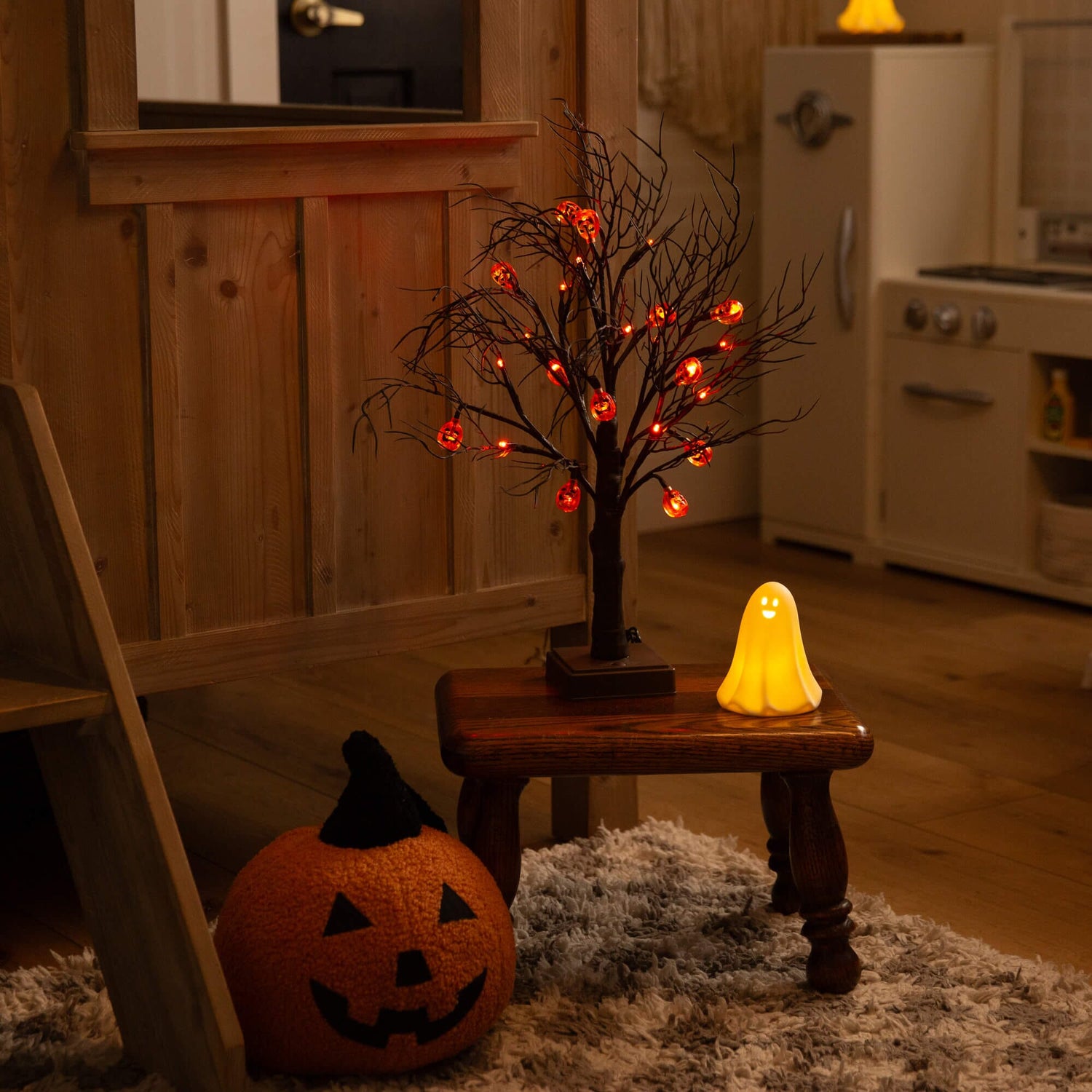 22" Pre-Lit Artificial Halloween Brown Twig Tree with 12 Orange LED Pumpkin Shaped Lights