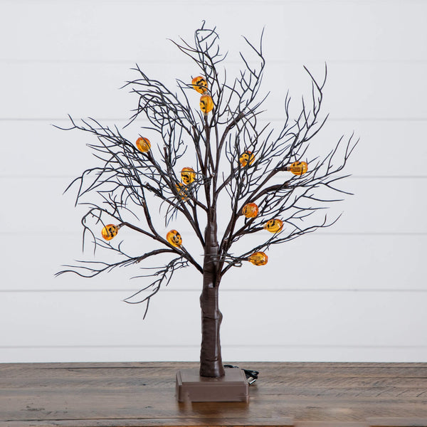 22" Pre-Lit Artificial Halloween Brown Twig Tree with 12 Orange LED Pumpkin Shaped Lights