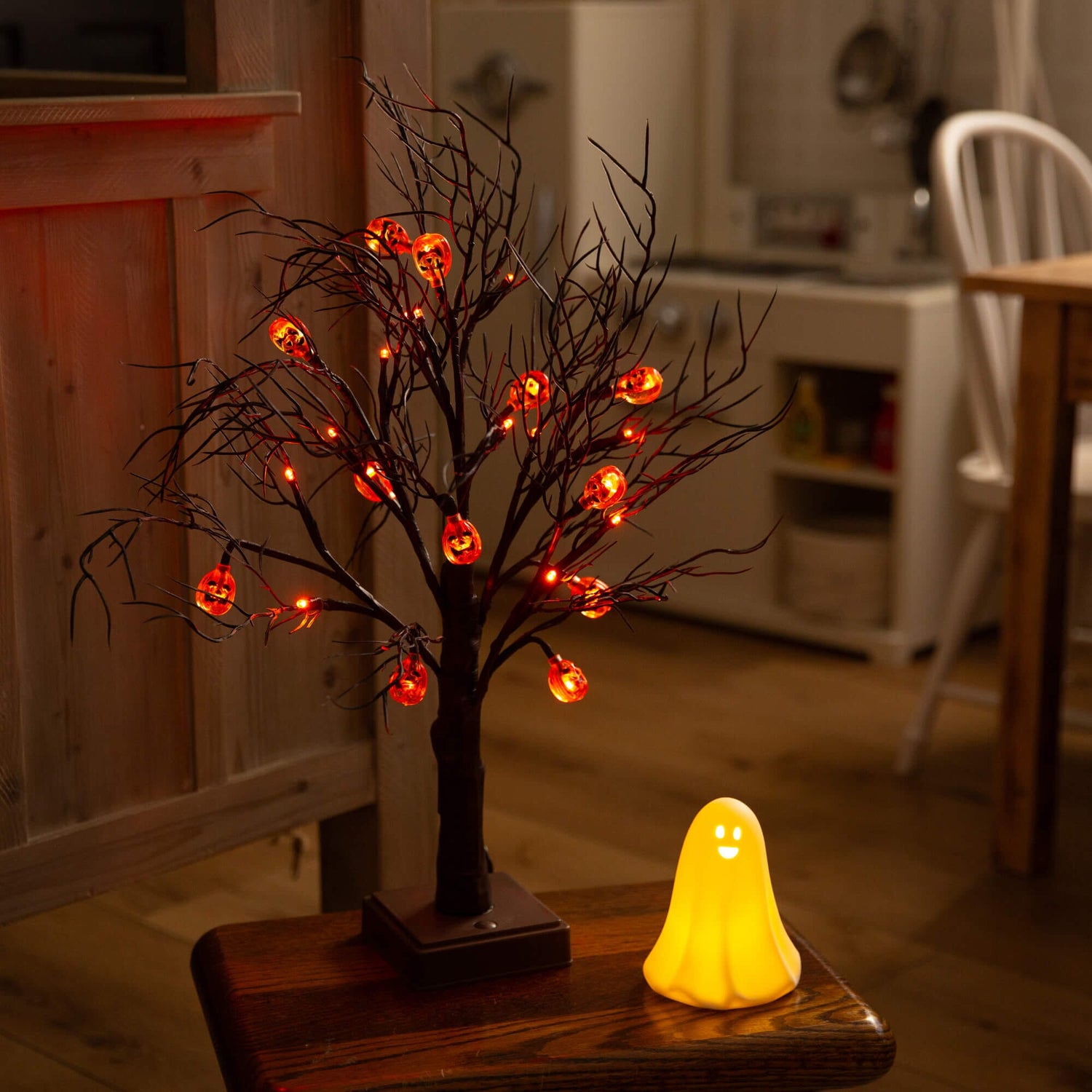 22" Pre-Lit Artificial Halloween Brown Twig Tree with 12 Orange LED Pumpkin Shaped Lights