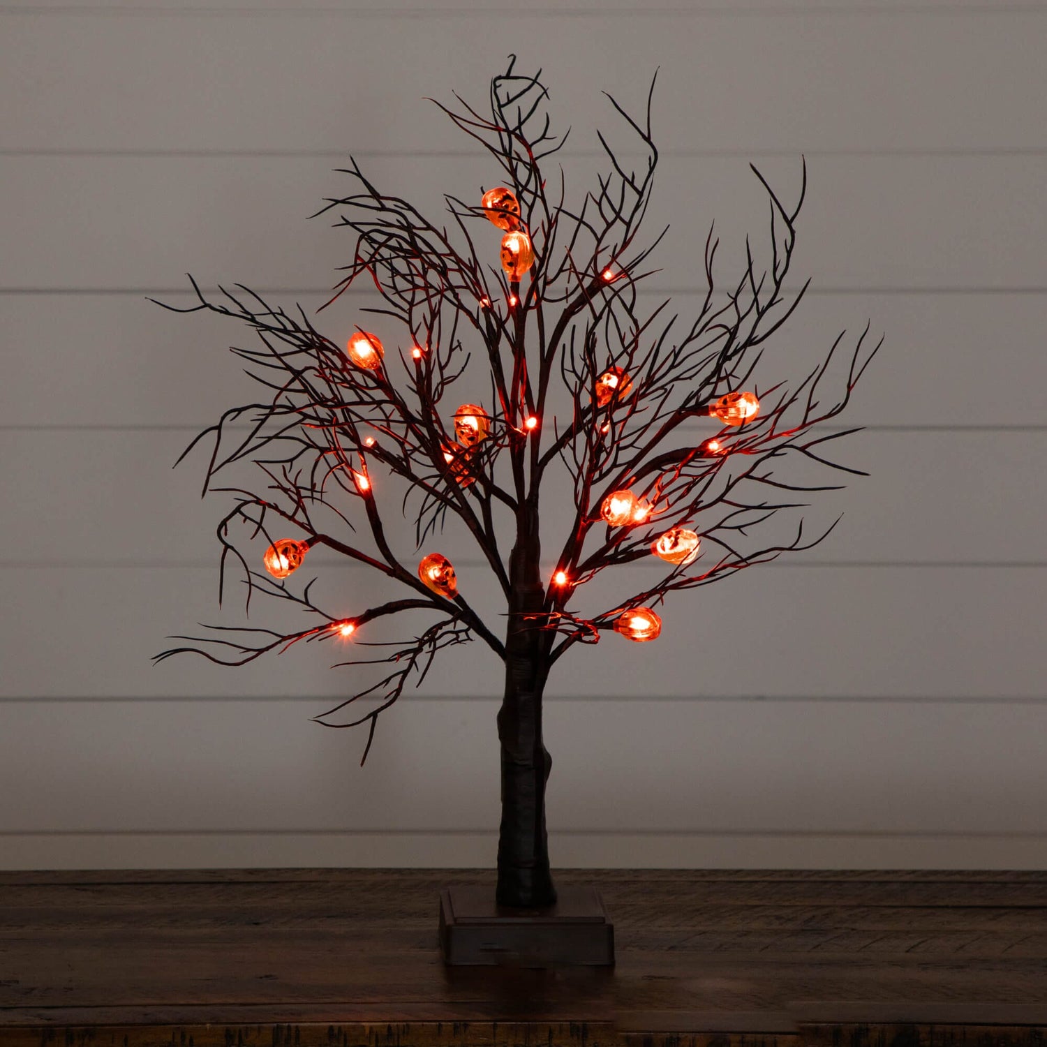 22" Pre-Lit Artificial Halloween Brown Twig Tree with 12 Orange LED Pumpkin Shaped Lights