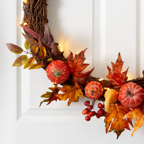 22” Pumpkin and Maple Artificial Autumn Wreath with 50 Warm White LED Lights