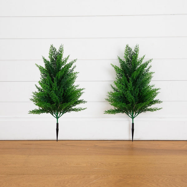 22” UV Resistant Artificial Cedar Bush with Integrated Ground Stake (Indoor/Outdoor) - Set of 2