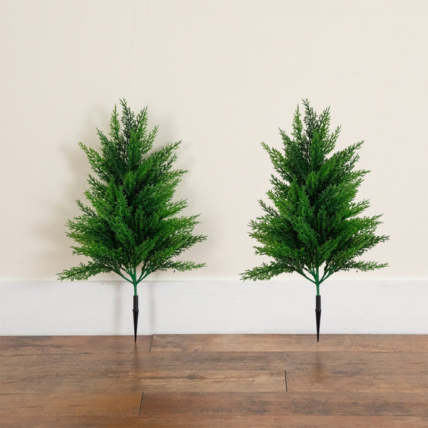 22” UV Resistant Artificial Cedar Bush with Integrated Ground Stake (Indoor/Outdoor) - Set of 2