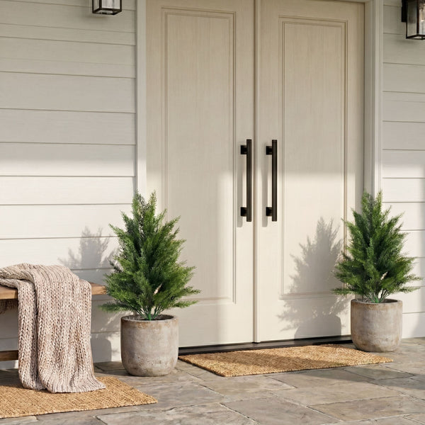22” UV Resistant Artificial Cedar Bush with Integrated Ground Stake (Indoor/Outdoor) - Set of 2