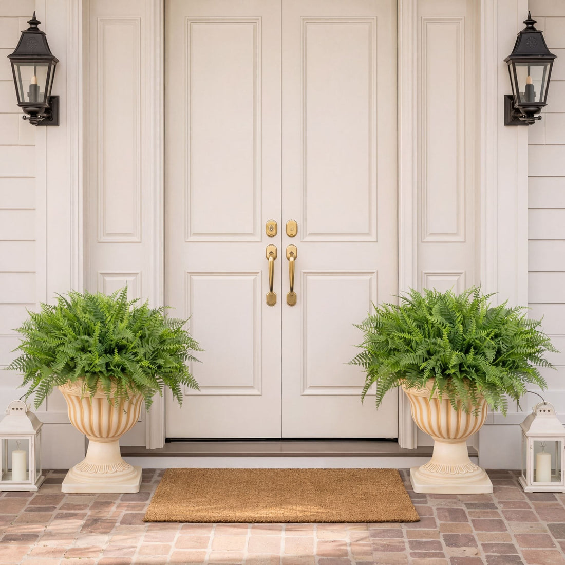 front door artificial potted plants 22” UV Resistant Artificial Fern in Decorative Urn Planter (Indoor/Out –  Nearly Natural