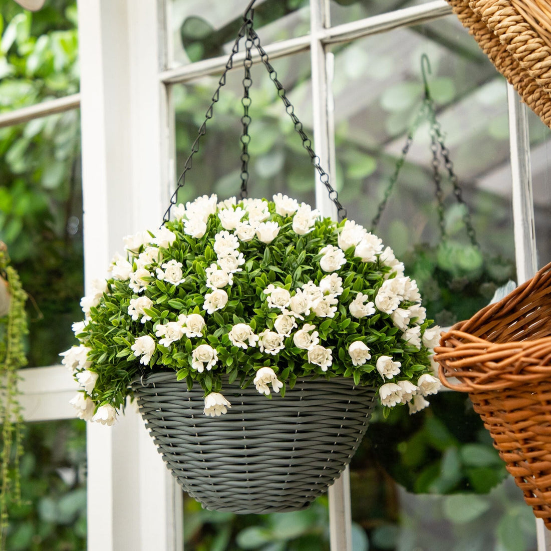 faux plant hanging baskets 22” UV Resistant Artificial Mini Rose and Aptenia Hanging Basket (Indo – Nearly Natural