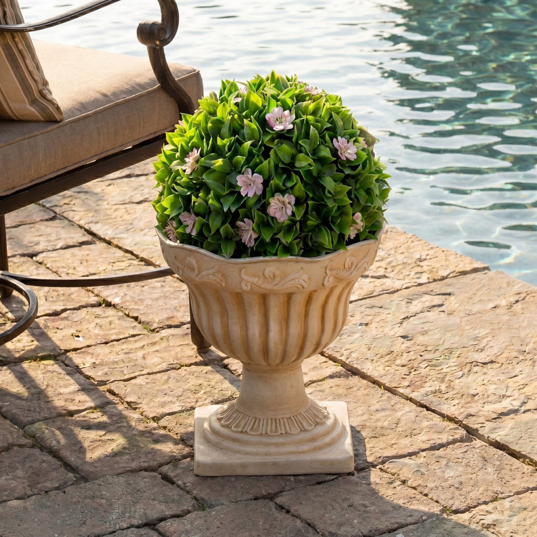 22” UV Resistant Artificial Pink Flowering Ball Topiary in Decorative Urn  Planter (Indoor/Outdoor)