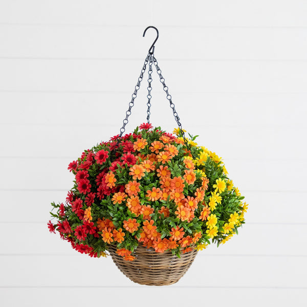 22” UV Resistant Autumn Artificial Falll Mixed Daisy Hanging Basket (Indoor/Outdoor)