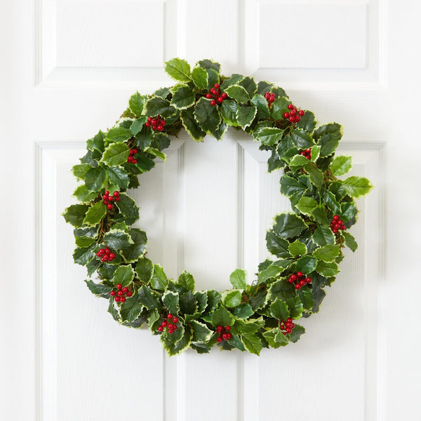 22” Variegated Holly Leaf with Berries Artificial Christmas Wreath