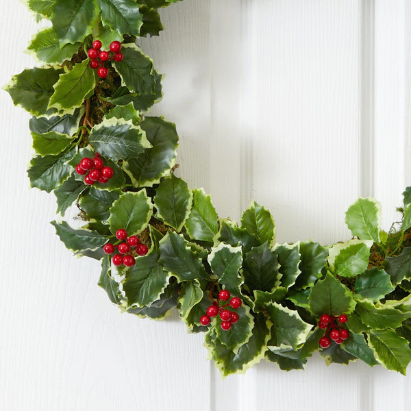 22” Variegated Holly Leaf with Berries Artificial Christmas Wreath