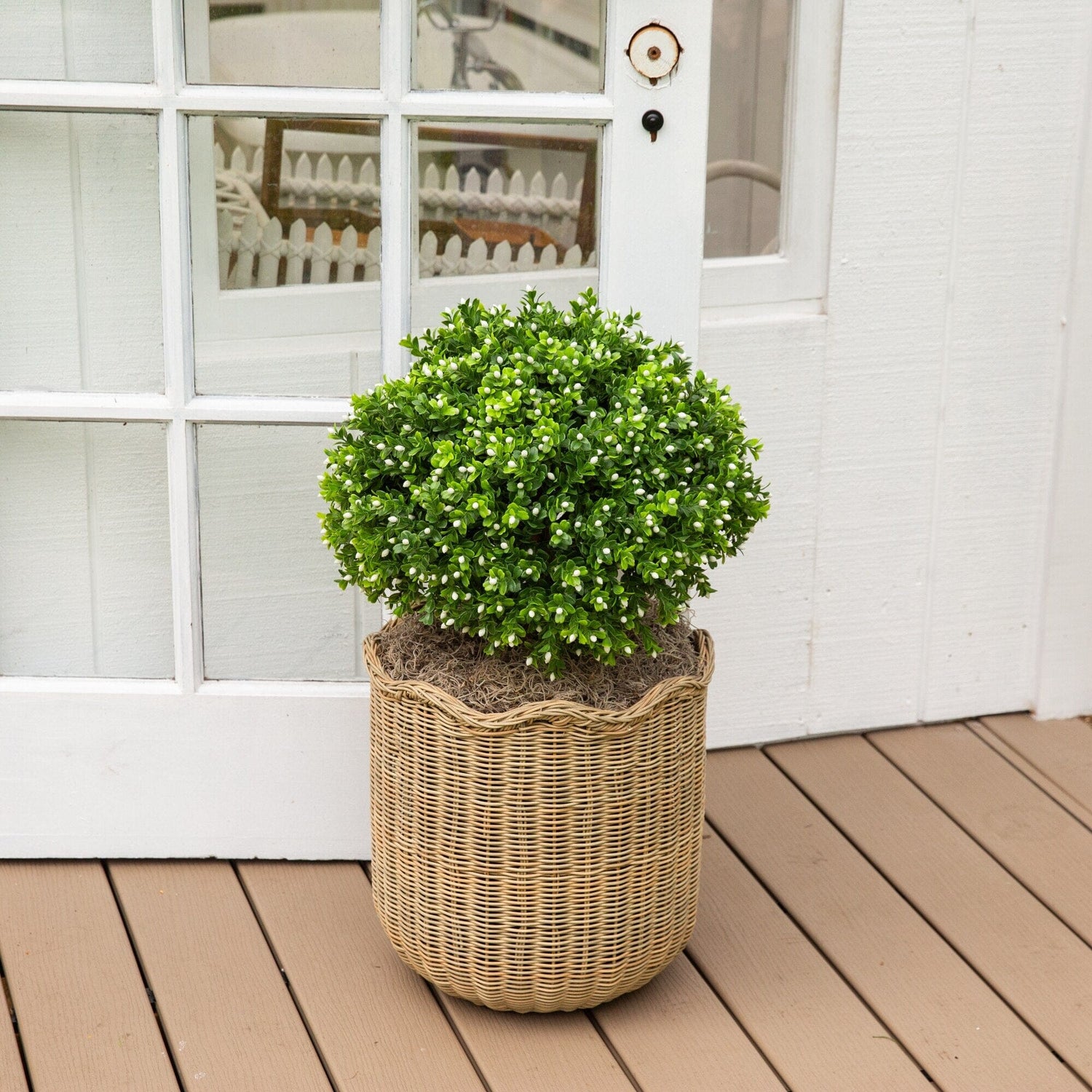 23" UV Resistant Artificial Flowering Boxwood Topiary with Integrated Ground Stake (Indoor/Outdoor)