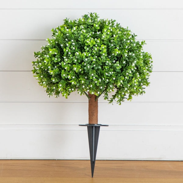 23" UV Resistant Artificial Flowering Boxwood Topiary with Integrated Ground Stake (Indoor/Outdoor)
