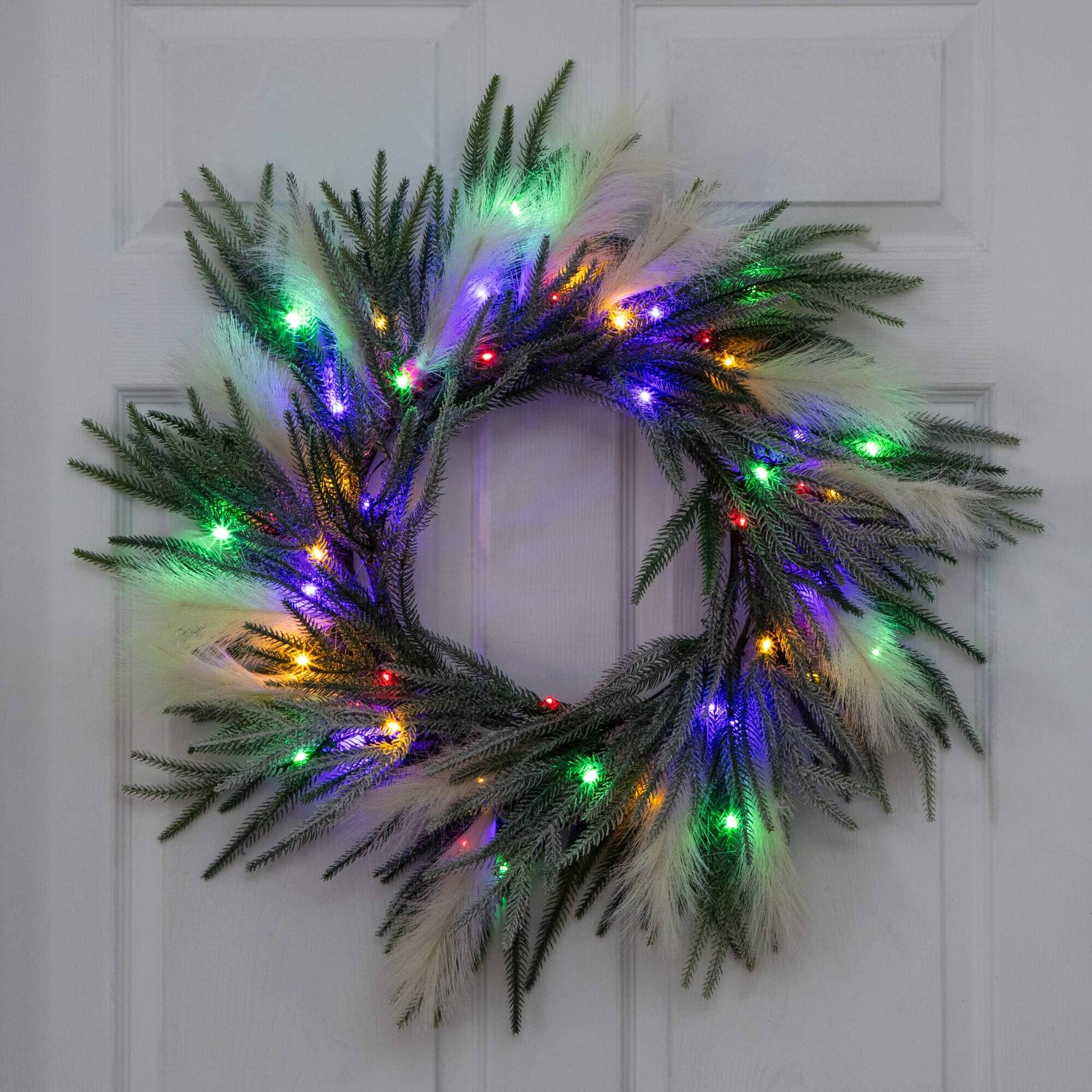 24" Artificial Balsma Fir Pine and Pampas Wreath with 50 Color Changing LED Lights