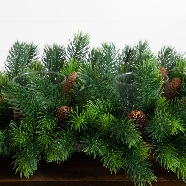24” Artificial Christmas Pine Double Candle Holder with Pinecones