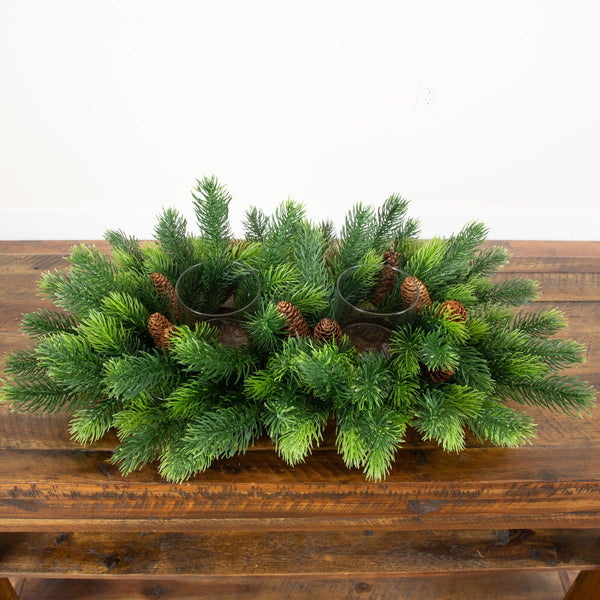 24” Artificial Christmas Pine Double Candle Holder with Pinecones
