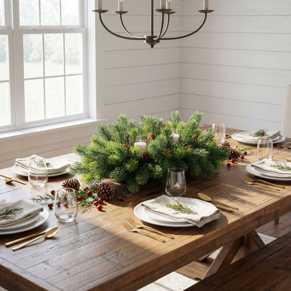 24” Artificial Christmas Pine Double Candle Holder with Pinecones