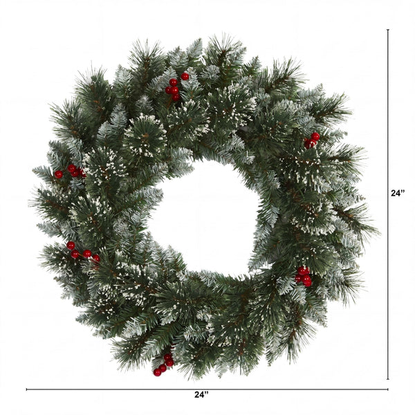24” Artificial Frosted Swiss Pine Wreath with Berries