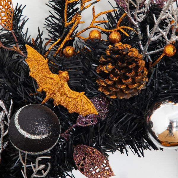 24" Artificial Halloween Black Mixed Foliage Wreath with Bats, Pinecones and Trees