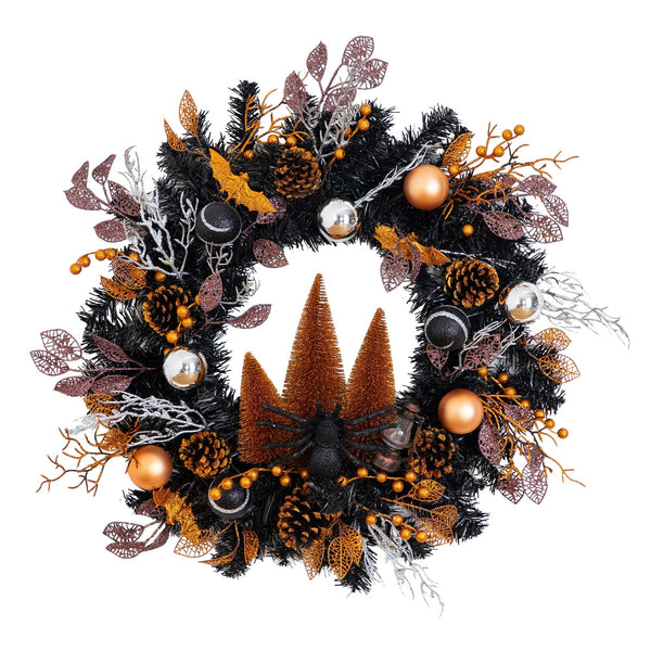 24" Artificial Halloween Black Mixed Foliage Wreath with Bats, Pinecones and Trees