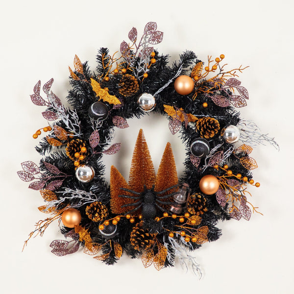 24" Artificial Halloween Black Mixed Foliage Wreath with Bats, Pinecones and Trees