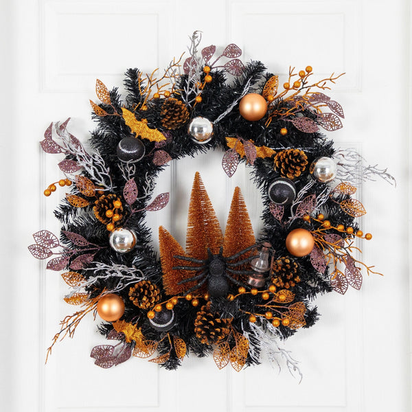 24" Artificial Halloween Black Mixed Foliage Wreath with Bats, Pinecones and Trees