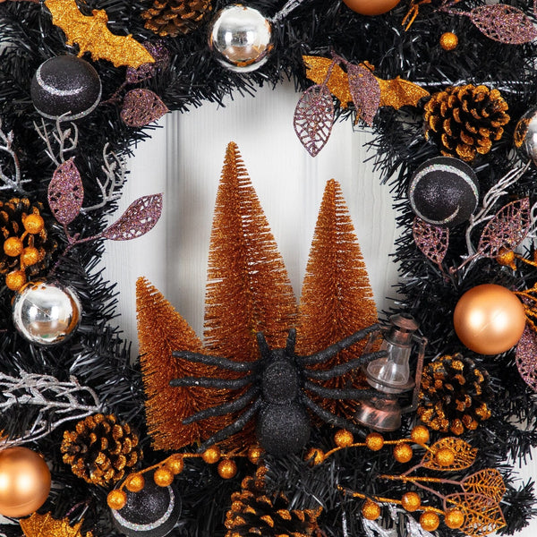 24" Artificial Halloween Black Mixed Foliage Wreath with Bats, Pinecones and Trees