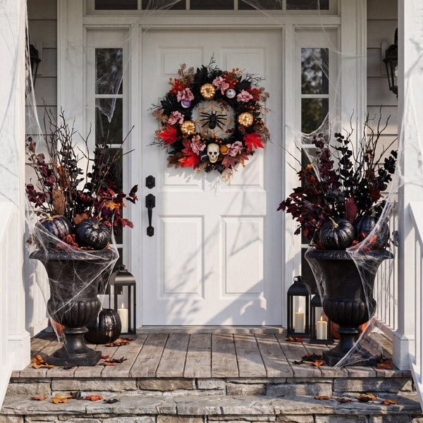 24” Artificial Halloween Wreath with Skulls, Spiders and Pumpkins