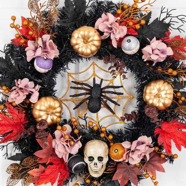 24” Artificial Halloween Wreath with Skulls, Spiders and Pumpkins