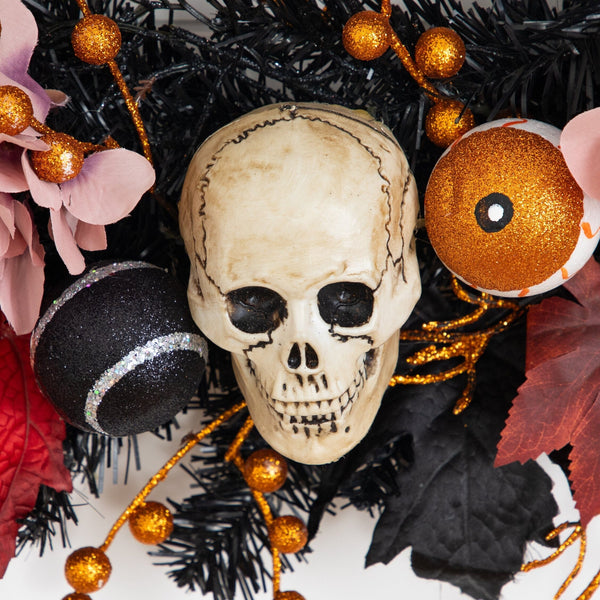 24” Artificial Halloween Wreath with Skulls, Spiders and Pumpkins