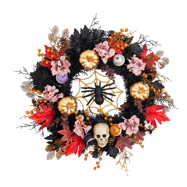 24” Artificial Halloween Wreath with Skulls, Spiders and Pumpkins