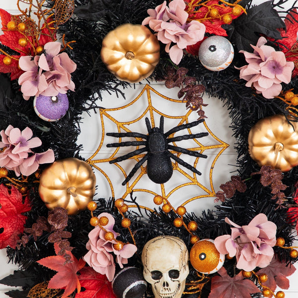 24” Artificial Halloween Wreath with Skulls, Spiders and Pumpkins