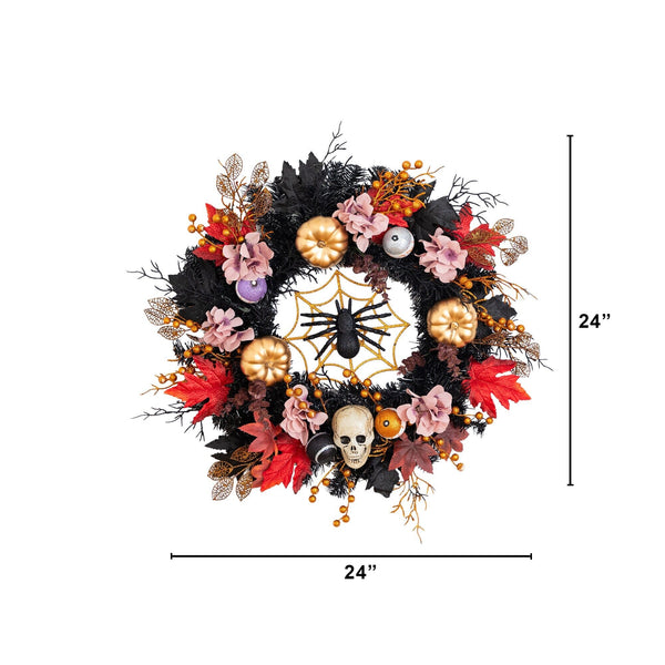 24” Artificial Halloween Wreath with Skulls, Spiders and Pumpkins