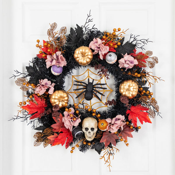 24” Artificial Halloween Wreath with Skulls, Spiders and Pumpkins