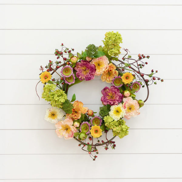 24" Artificial Mixed Peony Wreath