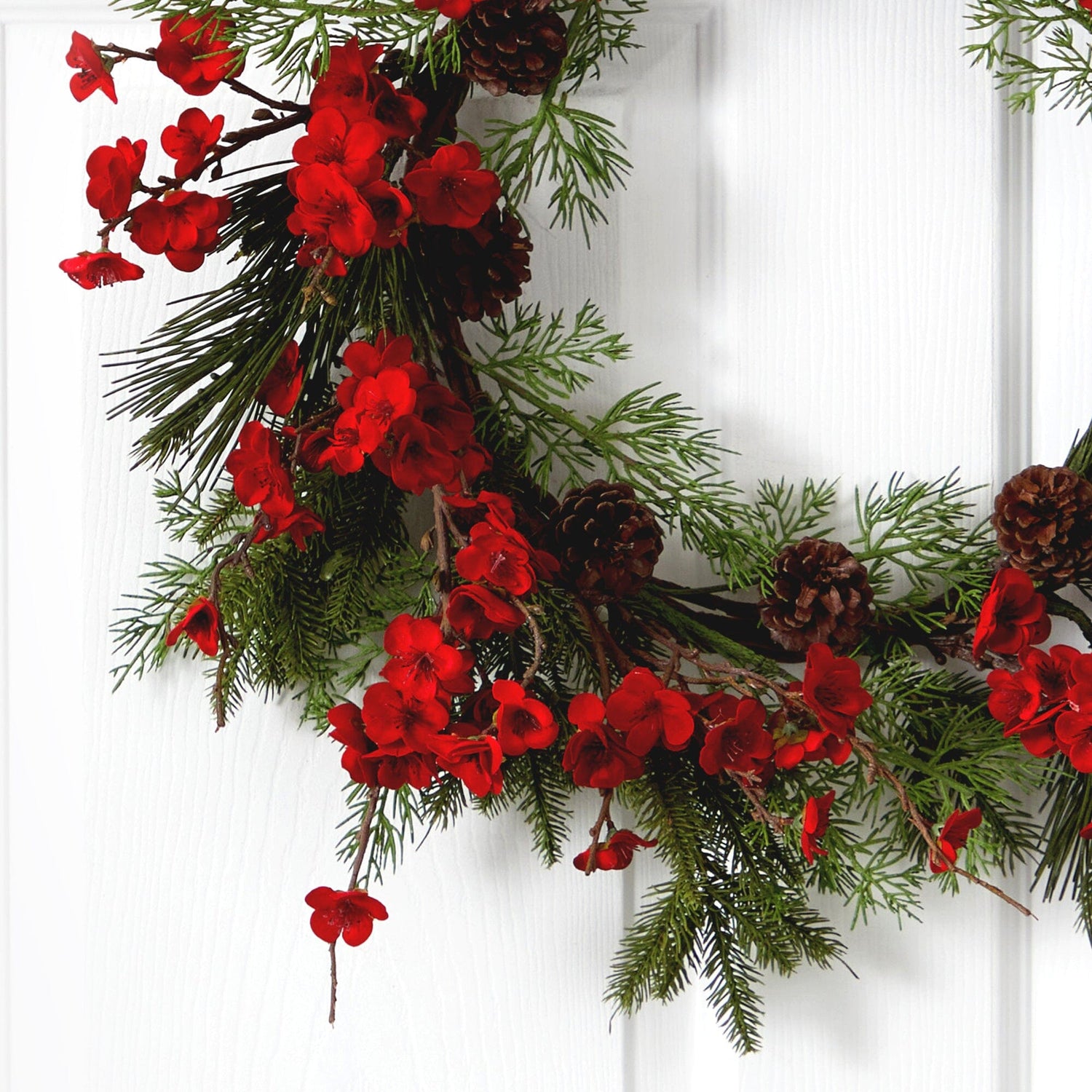 24” Artificial Plum Blossom Pine Wreath