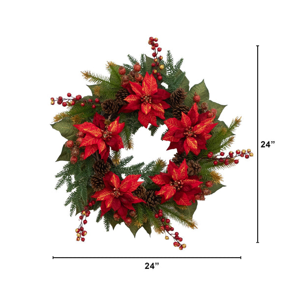 24" Artificial Poinsettia & Berry Wreath