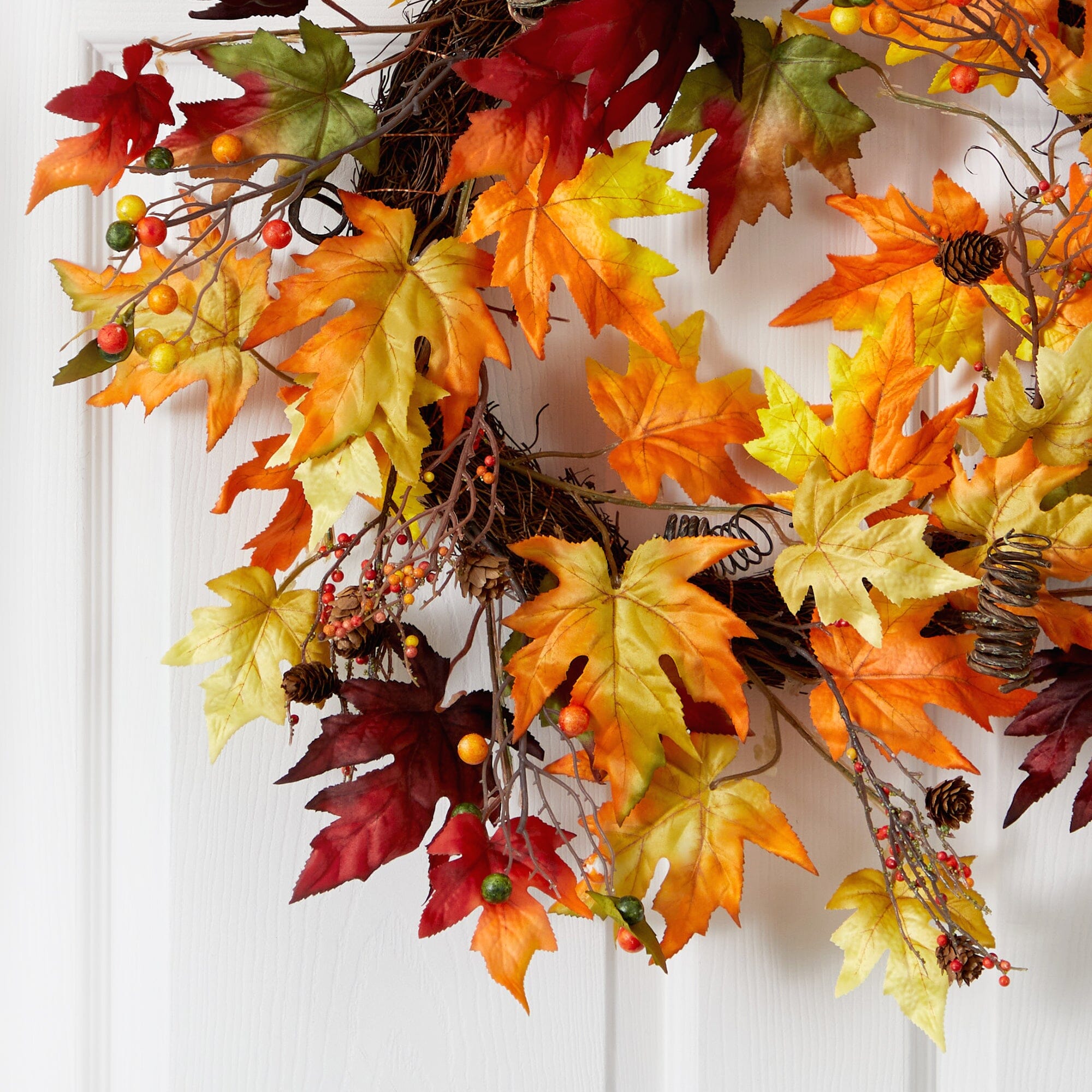 24” Autumn Maple Leaf and Berries Artificial Fall Wreath with Twig Base ...
