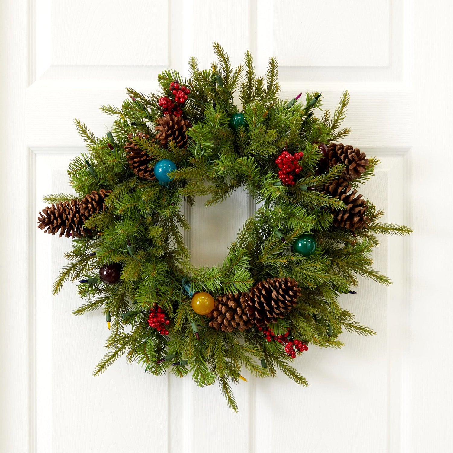 24” Christmas Artificial Wreath with 50 Multicolored Lights, 7 Multicolored Globe Bulbs, Berries and Pine Cones