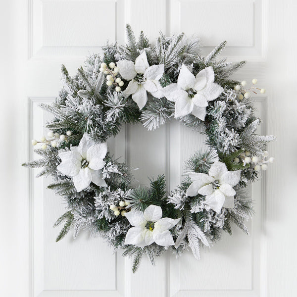 24” Flocked Poinsettia and Pine Artificial Christmas Wreath with 50 Warm White LED Lights