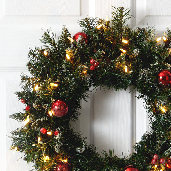 24” Frosted Artificial Christmas Wreath with 50 Warm White LED Lights, Ornaments and Berries